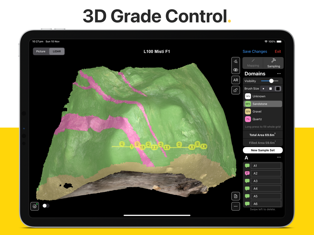 Rock Mapper - iPad showing Rock Mapper app with a 3D LiDAR scan of a rock face featuring grade control domains and sampling points