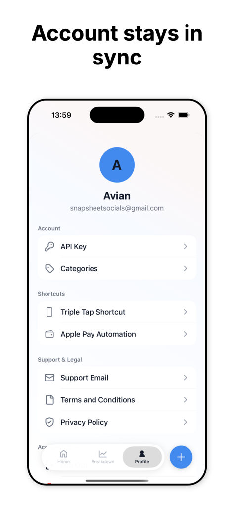 Budget App - TapSheet - Profile settings screen of the TapSheet budget app showing account options and automation shortcuts.