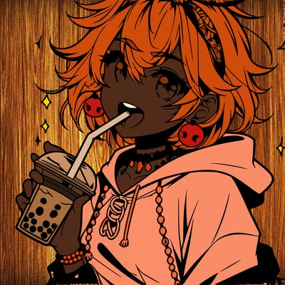 hot baddie anime girl drinking boba and biting the straw