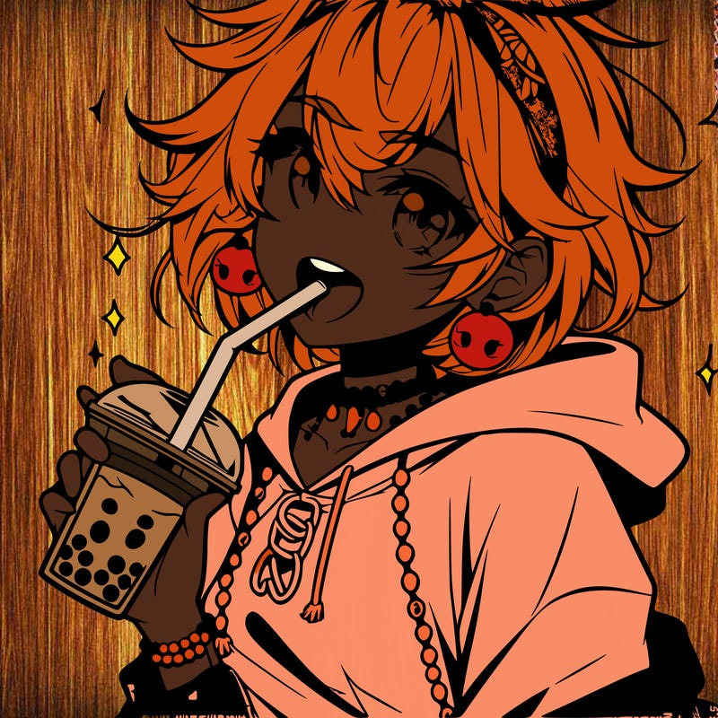 hot baddie anime girl drinking boba and biting the straw