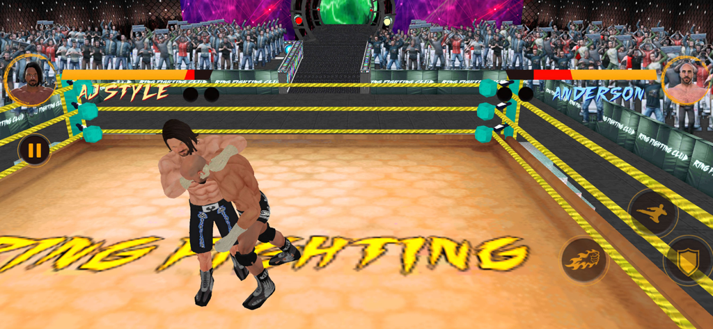 Pro Wrestling Revolution 2025 - A wrestling match between characters AJ Style and Anderson in an arena ring from the Pro Wrestling Revolution 2025 mobile game.