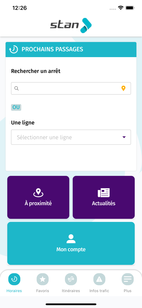 STAN - Home screen of the STAN app for public transport in Nancy France featuring search options for stops and lines