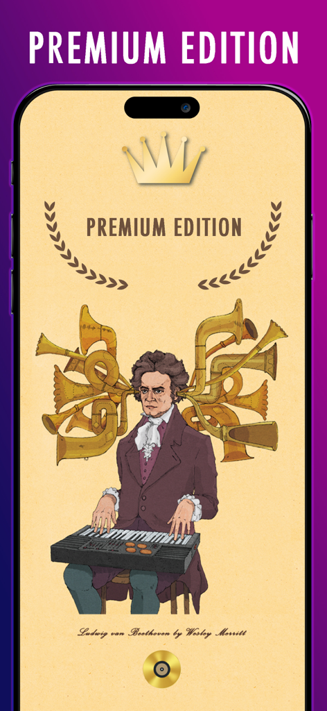 Maestro Piano Tiles: Premium - Startbildschirm von Maestro Piano Tiles Premium Edition mit einer künstlerischen Illustration von Beethoven, der eine Tastatur spielt