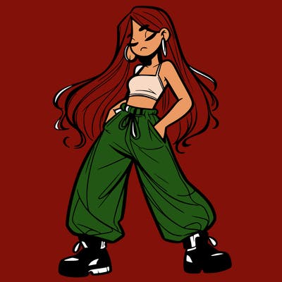 girl in baggy pants crop top and long hair