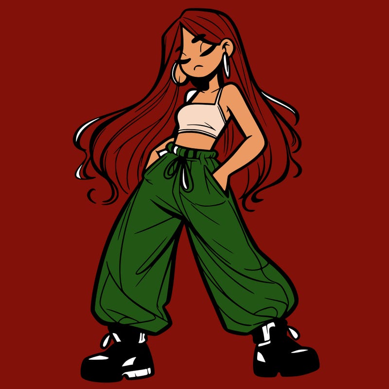 girl in baggy pants crop top and long hair