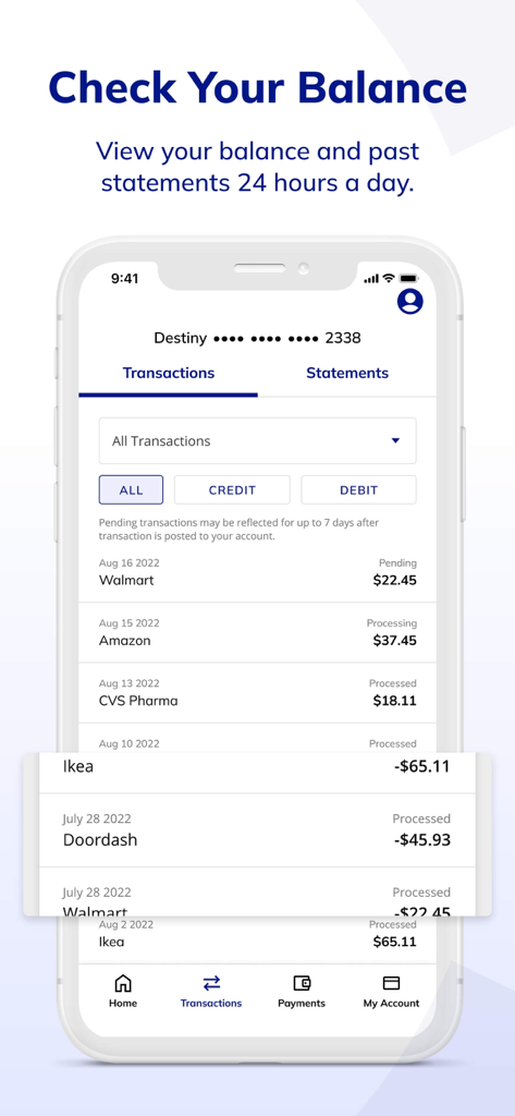Concora Credit - Interface de l'application mobile Concora Credit affichant une liste de transactions récentes et des informations de solde pour un compte de carte de crédit Destiny.