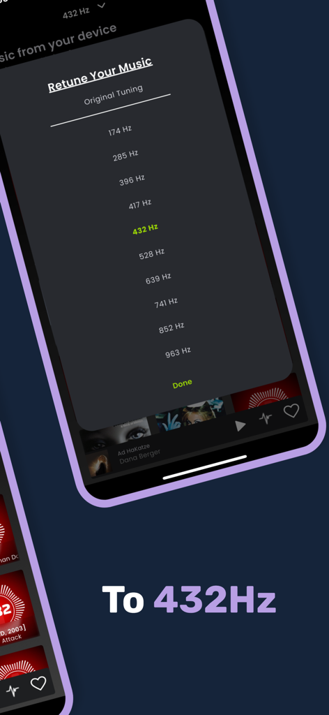432 Player Plus - Interfaccia che mostra le opzioni di ri-accordatura della musica per 432Hz e varie frequenze di Solfeggio