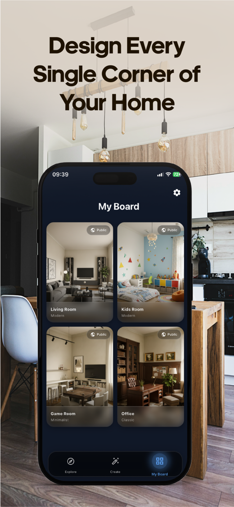 Decor AI: Room Design & AI - リビングルーム、オフィス、子供部屋のAI生成ルームデザインのギャラリーを表示するDecor AIモバイルアプリインターフェース。