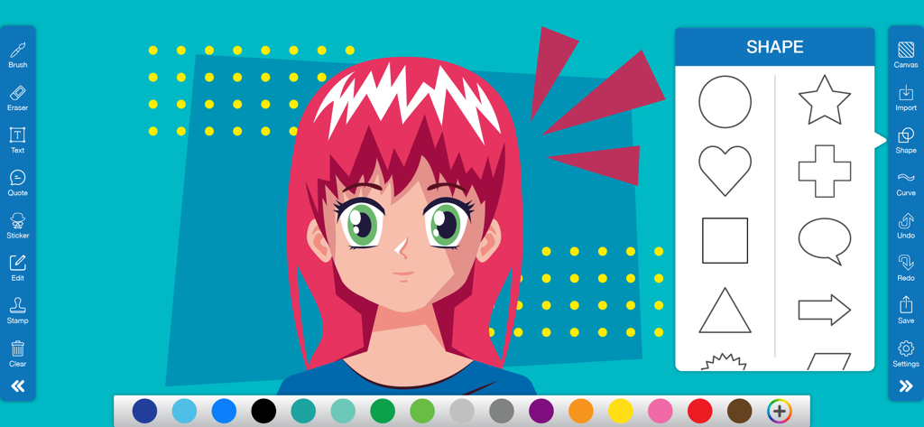 Doodle • Art - Interfaccia dell'app Doodle Art con un disegno di personaggio anime e un menu di varie forme come cuore, stella e fumetto.