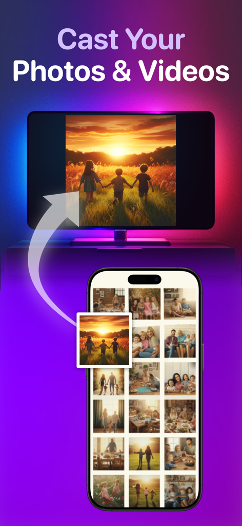 IPhone app interface showing the feature to cast photos and videos to a smart TV