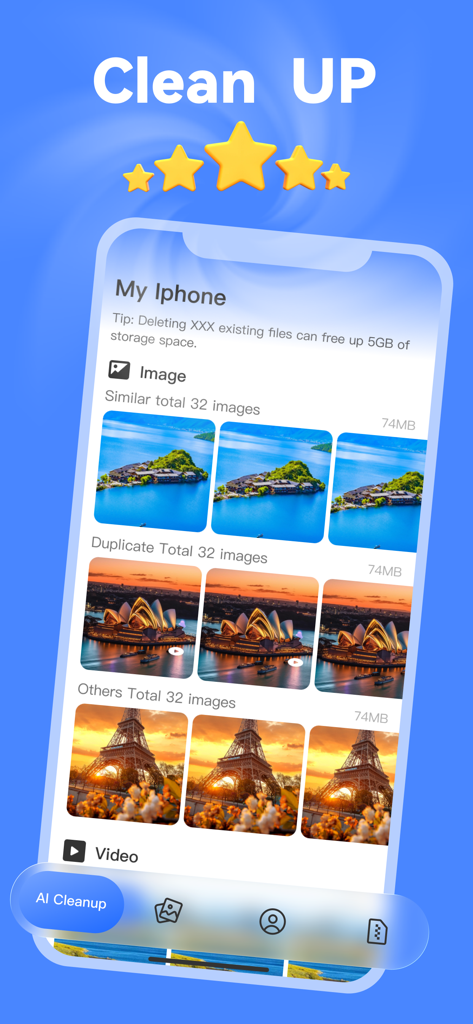 Boost AI Cleaner: PhoneStorage - Boost AI Cleaner app screen showing similar and duplicate photo categories to free up phone storage