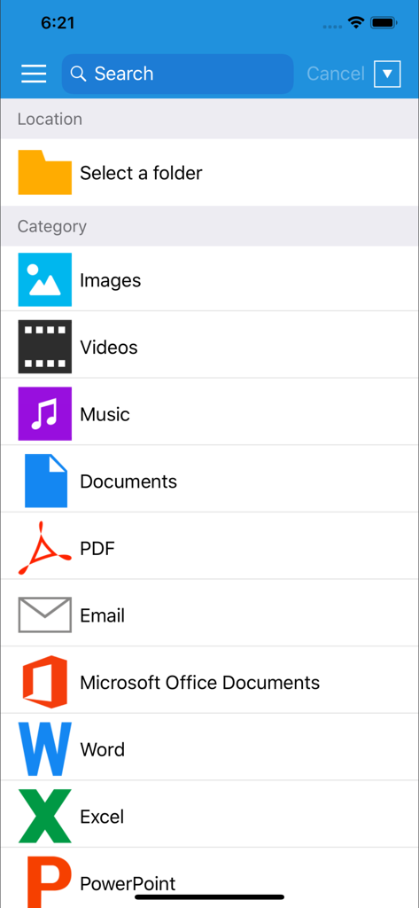 Qsirch - Qsirch mobile app showing search filters by file type categories like images and documents