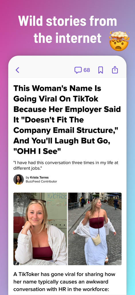 BuzzFeed app interface showing a viral article about a TikTok trend