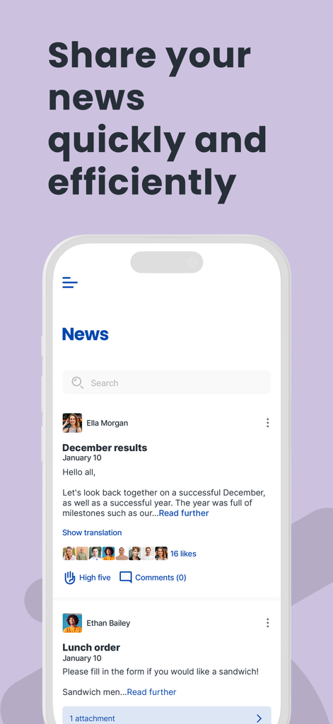 Bundeling - Interfaz de la aplicación móvil Bundeling que muestra un feed de noticias profesional con actualizaciones organizacionales internas y publicaciones de miembros.