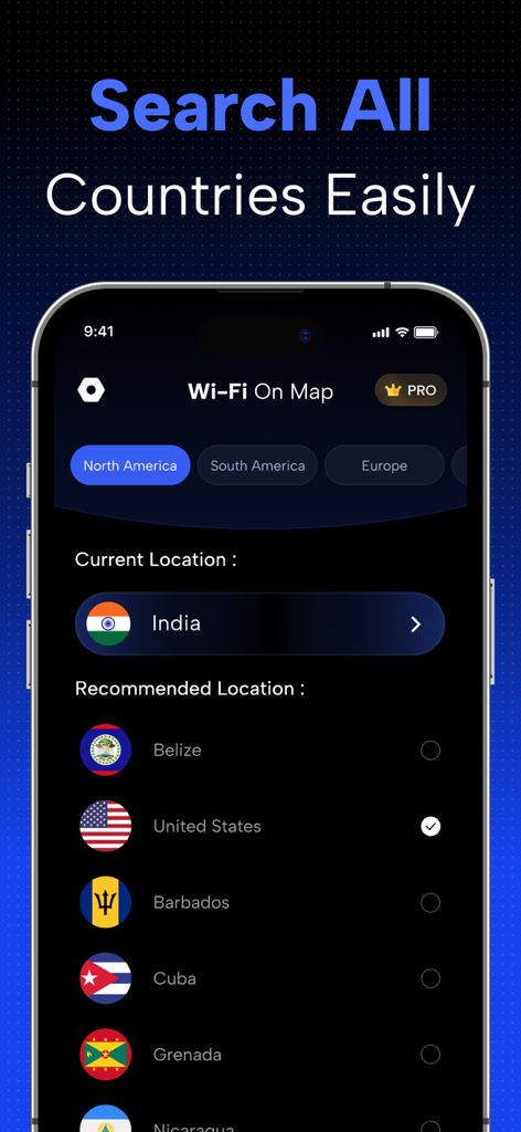 WiFi on Map App-Oberfläche, die eine Liste von Ländern zur Suche nach WLAN-Hotspots weltweit anzeigt