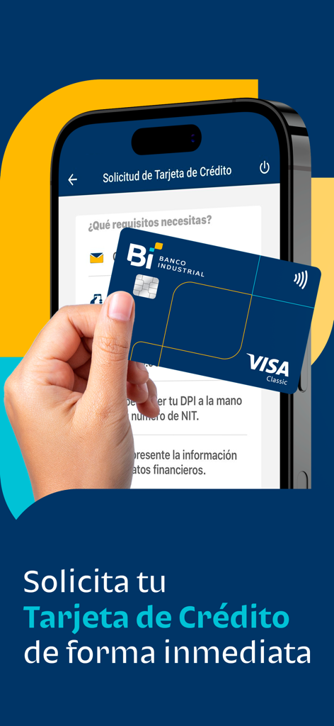 Bi en Línea - Una mano sosteniendo una tarjeta de crédito Visa de Banco Industrial sobre un smartphone que muestra la pantalla de solicitud de tarjeta de crédito en la aplicación Bi en Línea