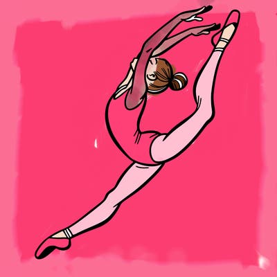 gymnast doing a leap in a leotard with a bent back leg