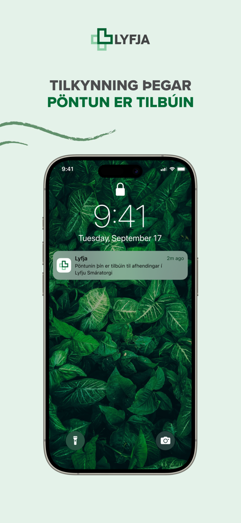 Lyfja hf. - Pantalla de bloqueo de un teléfono inteligente que muestra una notificación push de la aplicación Lyfja indicando que un pedido de farmacia está listo para ser recogido.
