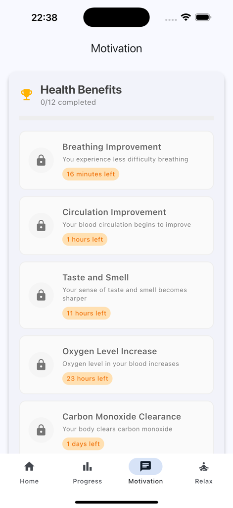 Motivation screen in the Quit Smoking Counter app displaying a timeline of upcoming health benefits like breathing and circulation improvements