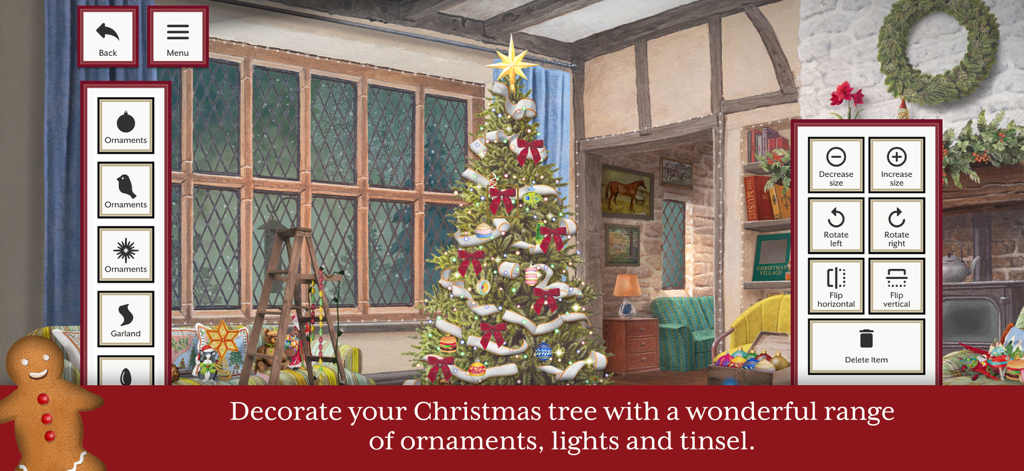 Jacquie Lawson Advent Calendar - An interactive Christmas tree decoration screen inside a cozy digital cottage
