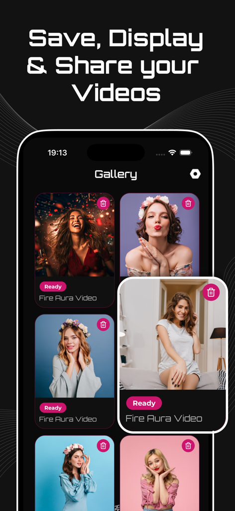 AI Video Generator Hot : Vinu - Pantalla de galería de la aplicación Vinu que muestra una colección de vídeos generados por IA guardados listos para compartir
