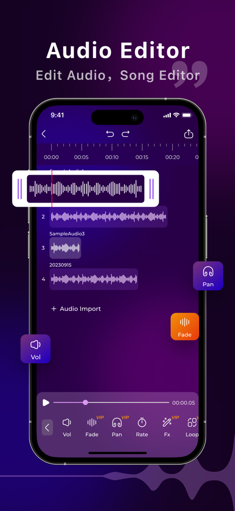 Audio Editor:Music Editor - Smartphone screen displaying the multi track audio editing interface of the Audio Editor app