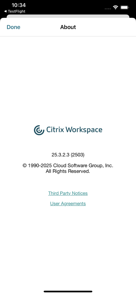 Citrix Workspace - Citrix Workspace アプリの「アプリ情報」画面。バージョンと著作権情報が表示されています。