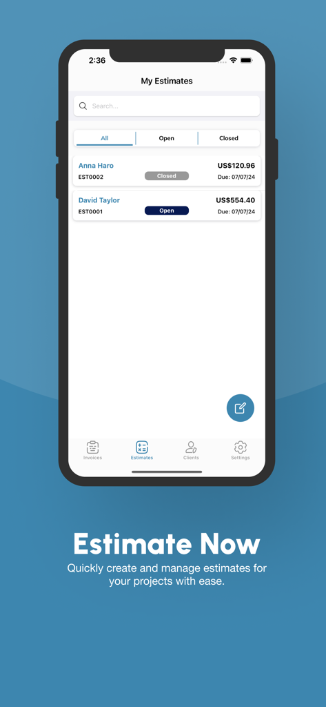 InvoiCraftモバイルアプリの見積書管理画面