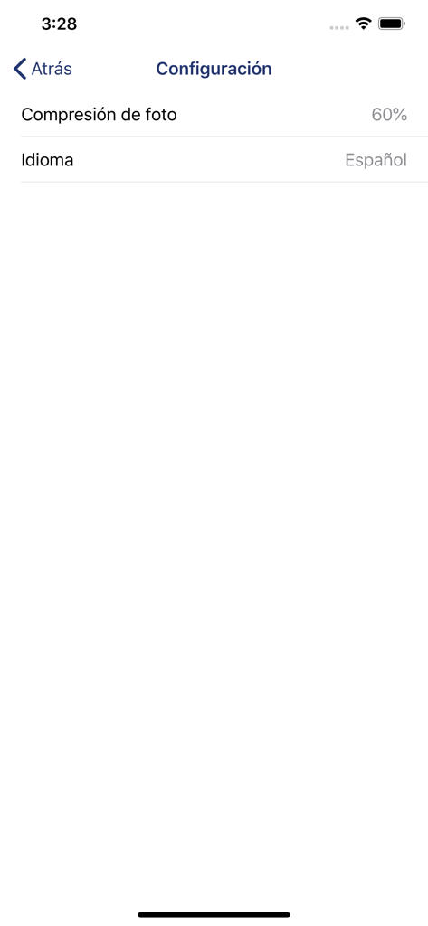 DAMAGE iD - Settings screen of the DAMAGE iD app in Spanish showing photo compression and language selection options.