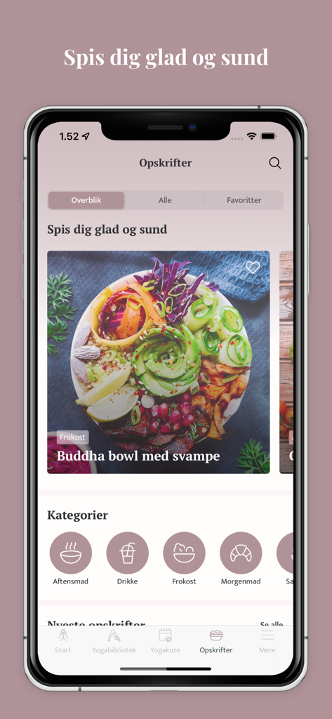 Cathrine Yoga - Cathrine Yoga app interface showing healthy recipe categories and a Buddha bowl with mushrooms.