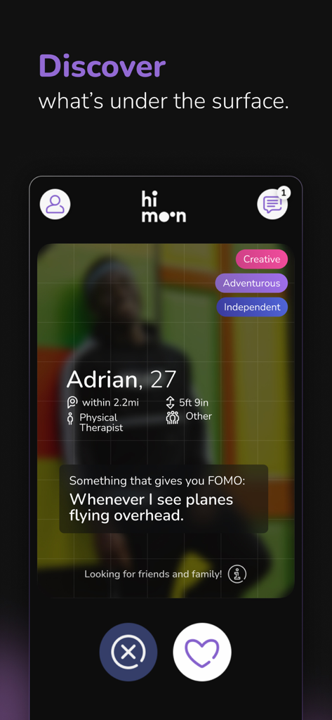 HiMoon: LGBTQ+ Dating & Chat - A blurred user profile on the HiMoon LGBTQ dating app featuring personality tags and an interest prompt.