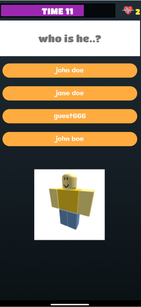 Skins Maker Roblox - Schermata del quiz a quiz di Roblox con un'immagine del personaggio e opzioni a scelta multipla