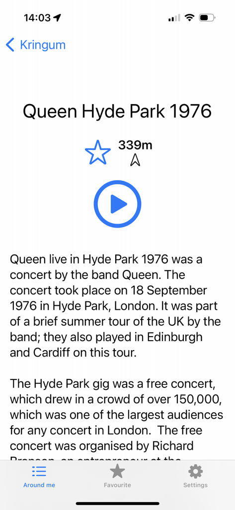 Kringum 앱 화면에 런던 하이드 파크에서 열린 1976년 여왕 콘서트에 대한 역사적 정보와 이야기가 표시됩니다.