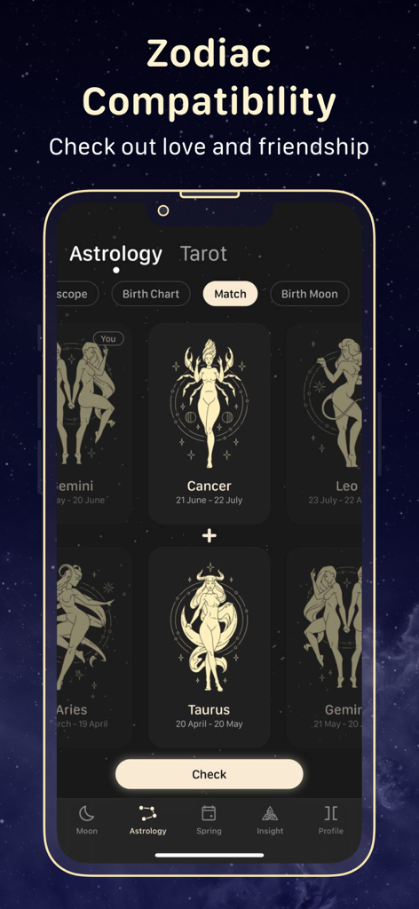 Moon Calendar — MoonX - MoonXアプリのインターフェース、星座の相性マッチングが表示されています