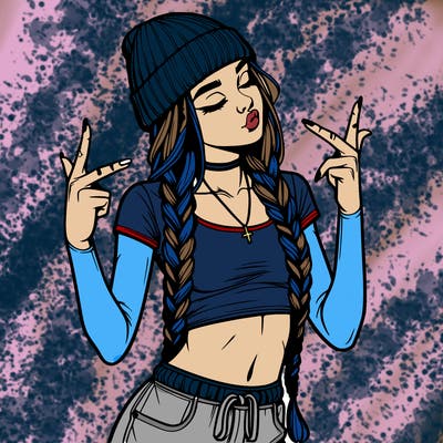 realistic teenage girl with braids and a beanie and crop top doing 🫶🏼