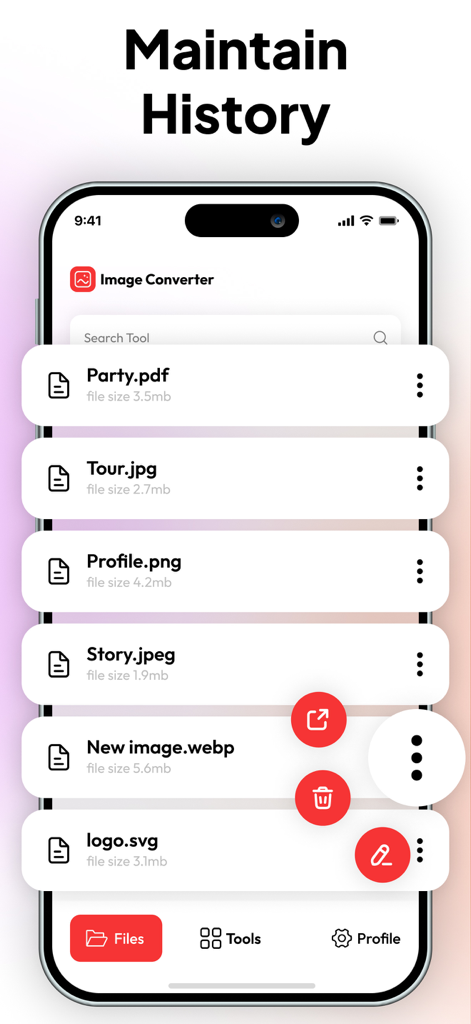 A screen showing the file conversion history in the Image Converter app with a list of PDF JPG and PNG files.