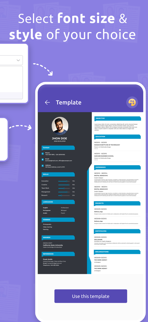 CV Maker: Resume Builder App - Mobilbildschirm, der die Anpassung professioneller Lebenslaufvorlagen mit Optionen für Schriftgrösse und -stil zeigt