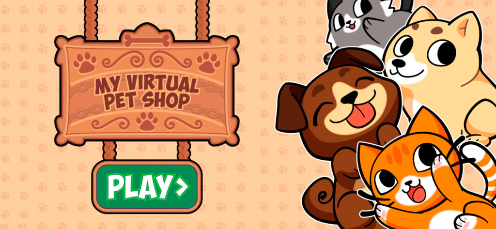 My Virtual Pet Shop: Vet Salon - Main menu screen of My Virtual Pet Shop game showing cute cartoon cats and dogs and a green play button