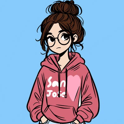 teen girl with a messy bun and glasses wearing a loose hoodie and jeans