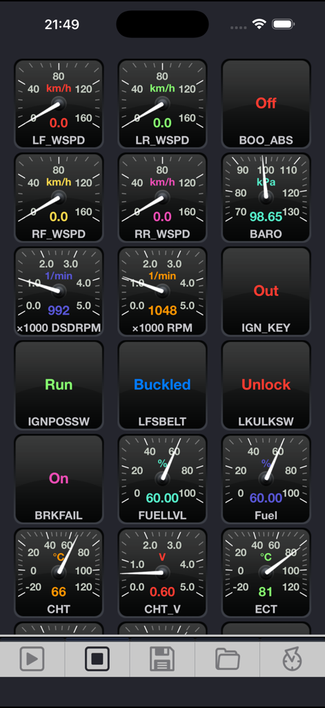 FORScan Lite - for Ford, Mazda - Live diagnostic dashboard in FORScan Lite app showing vehicle sensor data and status
