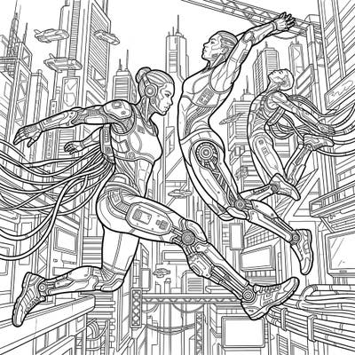 Experience the thrill of a futuristic long jump competition with this dynamic coloring page featuring cyberpunk athletes. Customize their bionic enhancements and the bustling cityscape with your unique artistic vision.