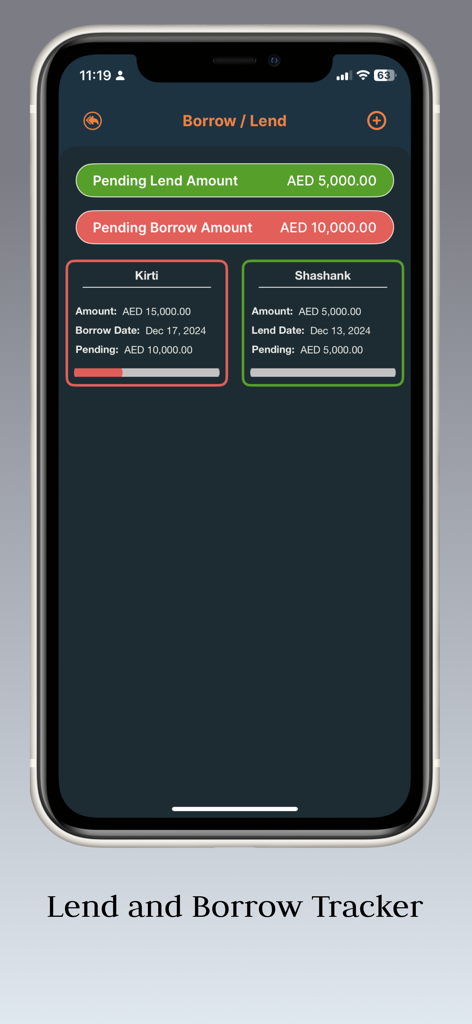 Un'interfaccia mobile per l'app Daily Spend che mostra il tracciatore di prestiti e affidamenti con importi in sospeso e riepiloghi delle singole transazioni.