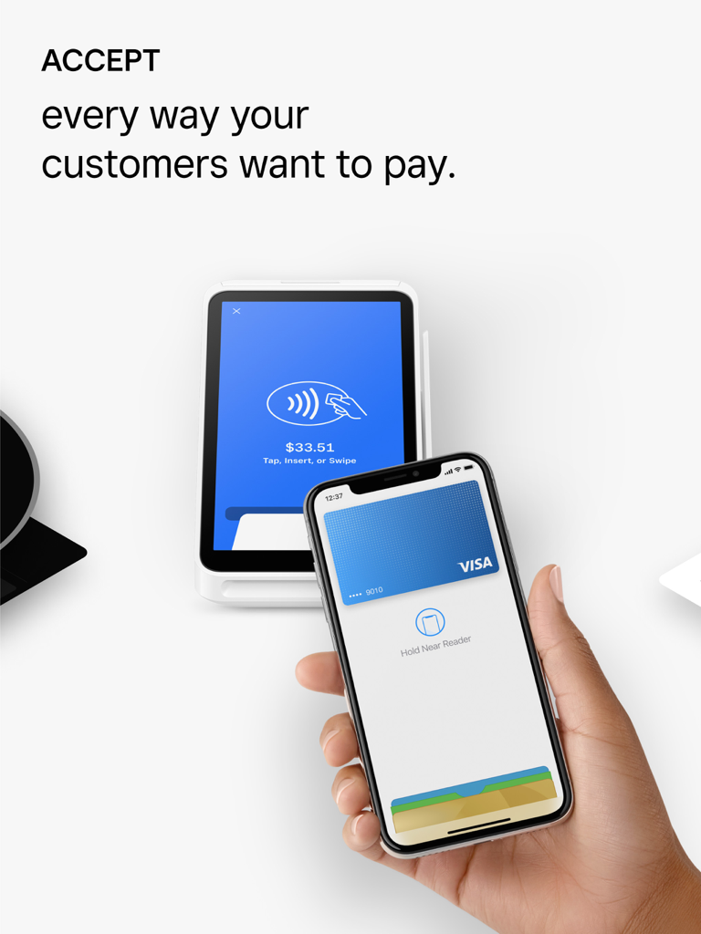Square - Restaurants POS - Um cliente fazendo um pagamento móvel por aproximação com um smartphone em um terminal Square para uma transação de restaurante