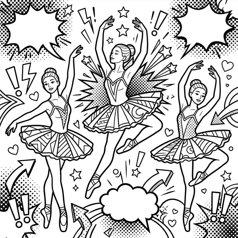 Get ready to twirl and color with these dynamic Pop Art ballerinas! This vibrant coloring page brings the energy of the dance stage and comic books together for young artists.