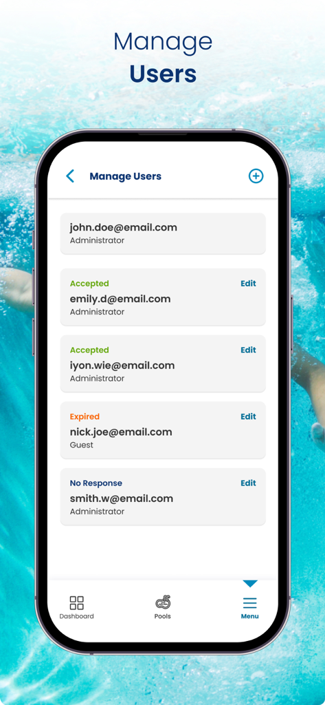 Pentair Pool - Mobile app interface for managing pool user access and roles in the Pentair Pool application