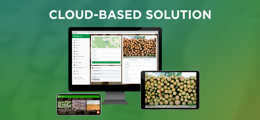 Timbeter cloud-based timber measurement solution displayed on a monitor, tablet, and smartphone