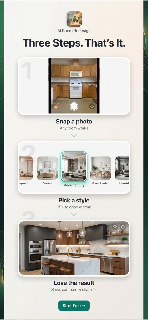 AI Room Design: Home Redesign - Una infografía que muestra los tres pasos para rediseñar una habitación usando IA: saca una foto, elige un estilo de diseño y ve el resultado interior final.