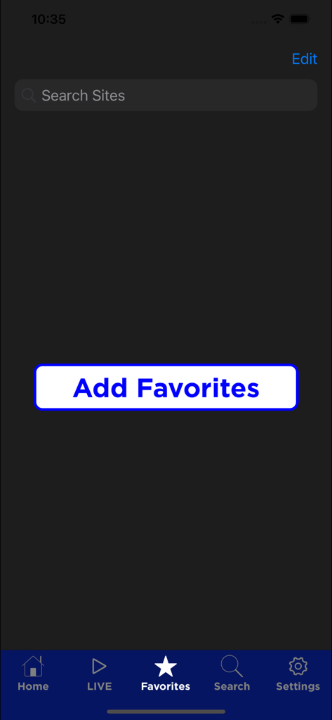 NSIC Network app favorites tab featuring an add favorites button and search bar