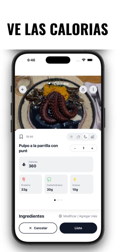 Calorico: Contador de Calorias - AI calorie counter app displaying nutritional information for a grilled octopus meal