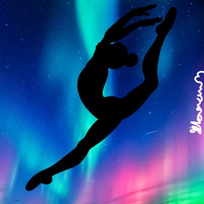 gymnast doing a leap in a leotard with a bent back leg